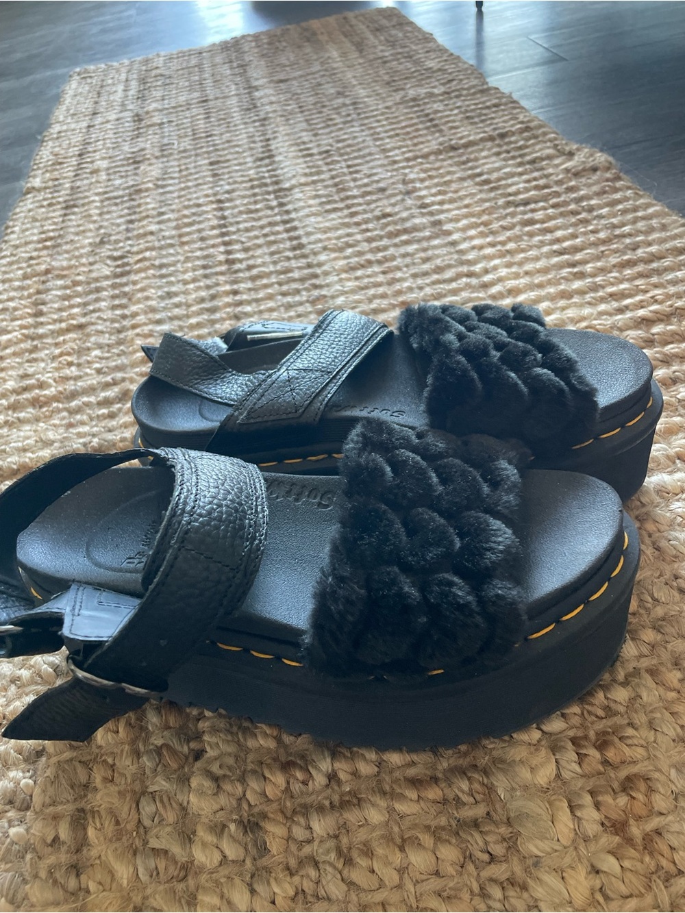 Dr. Martens Black Furry Platform Sandals with Yellow Stitching - Picture 10 of 10